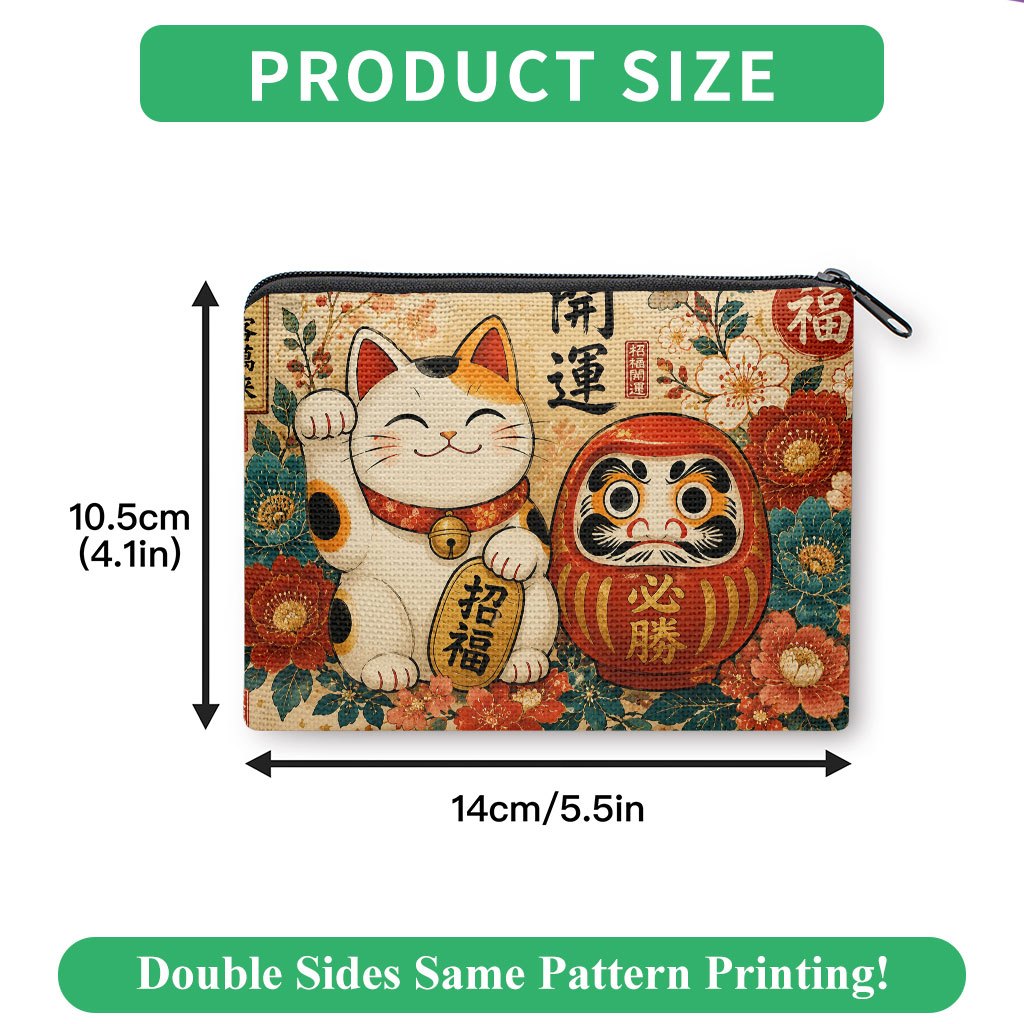 TEMU 招き猫だるまプリント小銭入れ - 携帯用ファスナー付き財布 鍵・カード・イヤホンに最適 コンパクトなお札入れ 男女兼用ギフト 洗濯機洗い可 開運バッグ