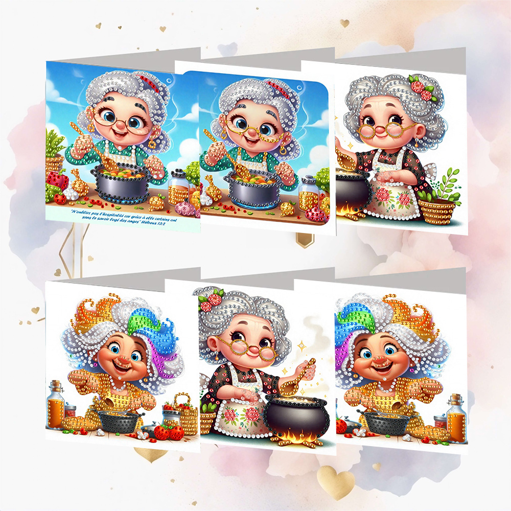 TEMU 6pcs Set 15.0x30.0cm / 5.9x11.81 Inches Diy Diamond Painting Greeting Card Invitation, Cute Cartoon Grandma Cooking Design, Colored Canvas For