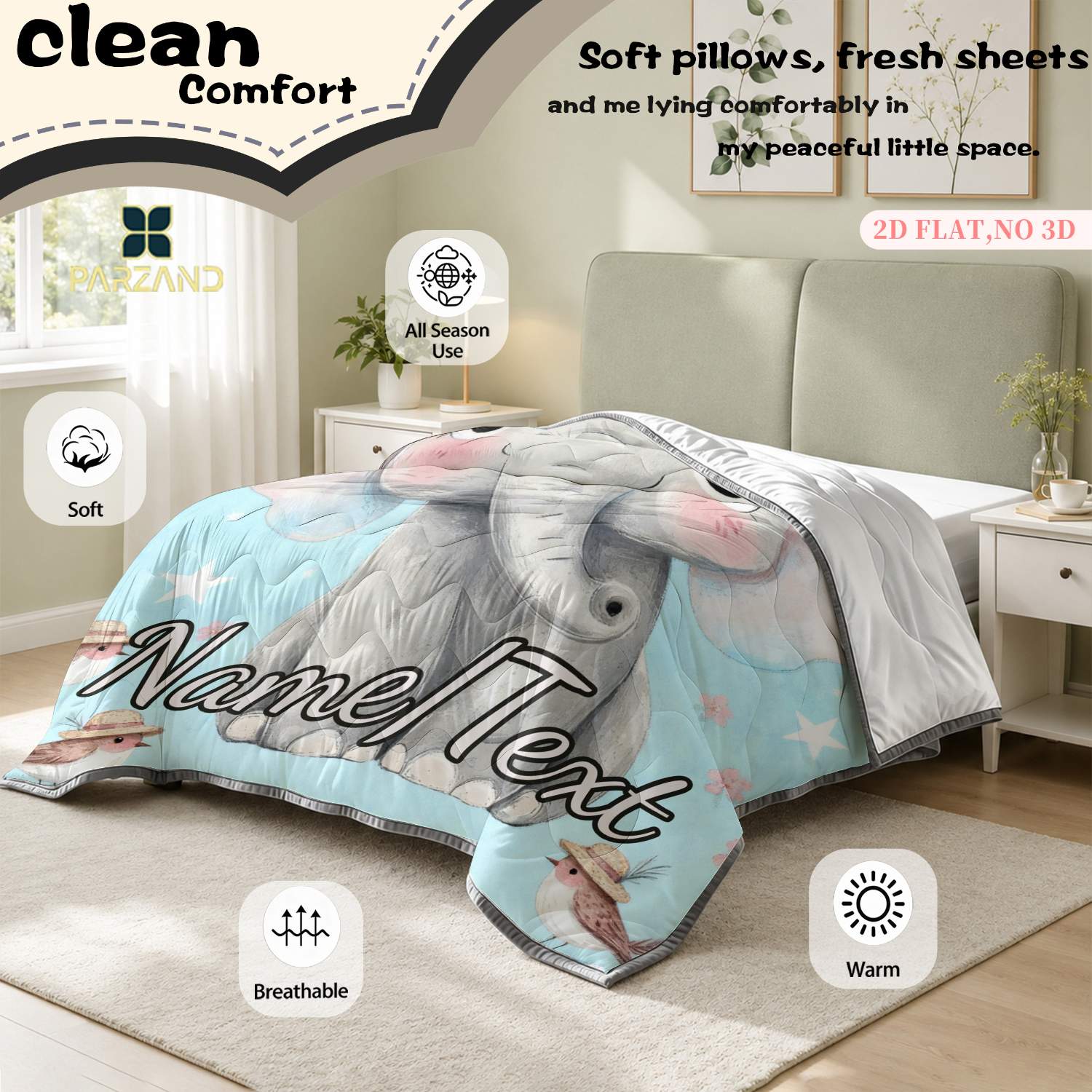 Custom Name Blue Bow Elephant Lightweight Summer Quilt