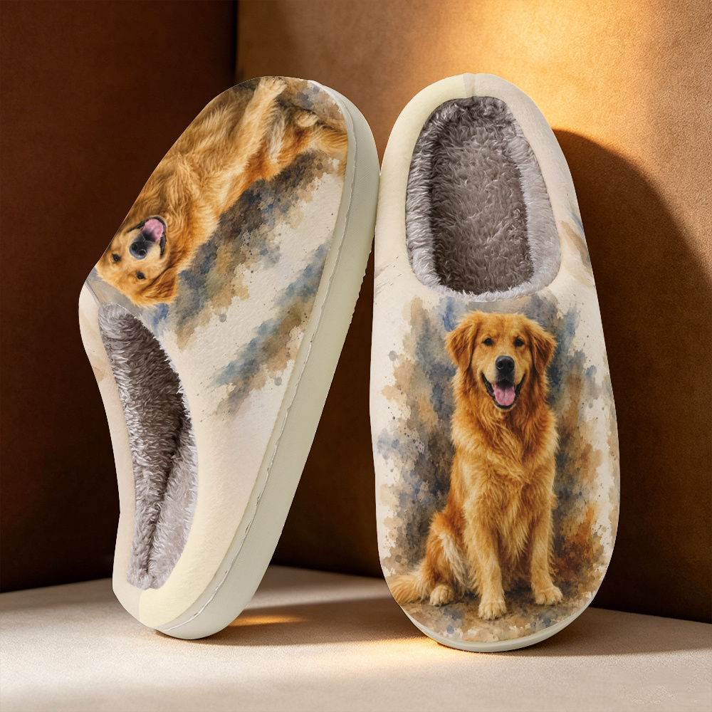 TEMU Watercolor Golden Retriever Pattern Women's Fashion Printed Slippers, , Unisex Couple Style, Essential For Family Parties, For Holiday Gifts,