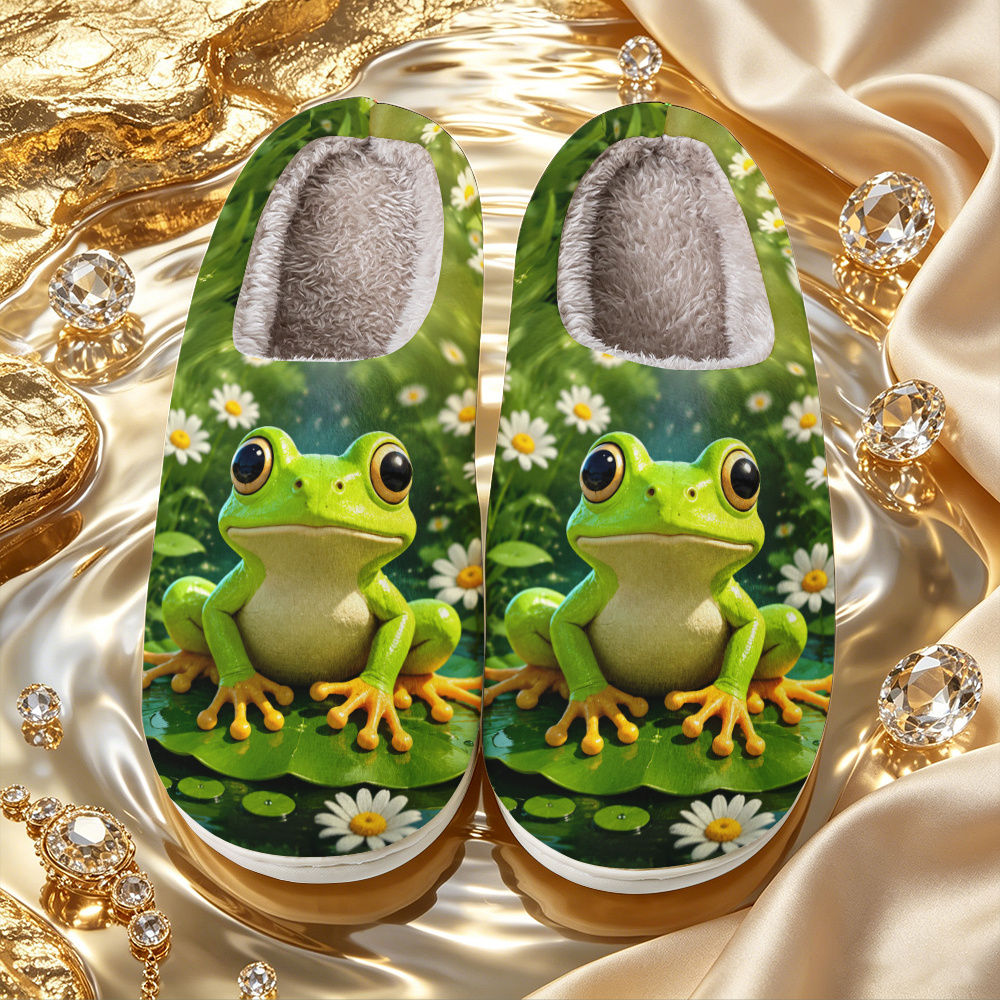 TEMU Women's Fashion Printed Home Slippers Featuring A Frog Sitting On A For Lotus Leaf With A Floral Print. Elegant And Simple, In Matching Styles
