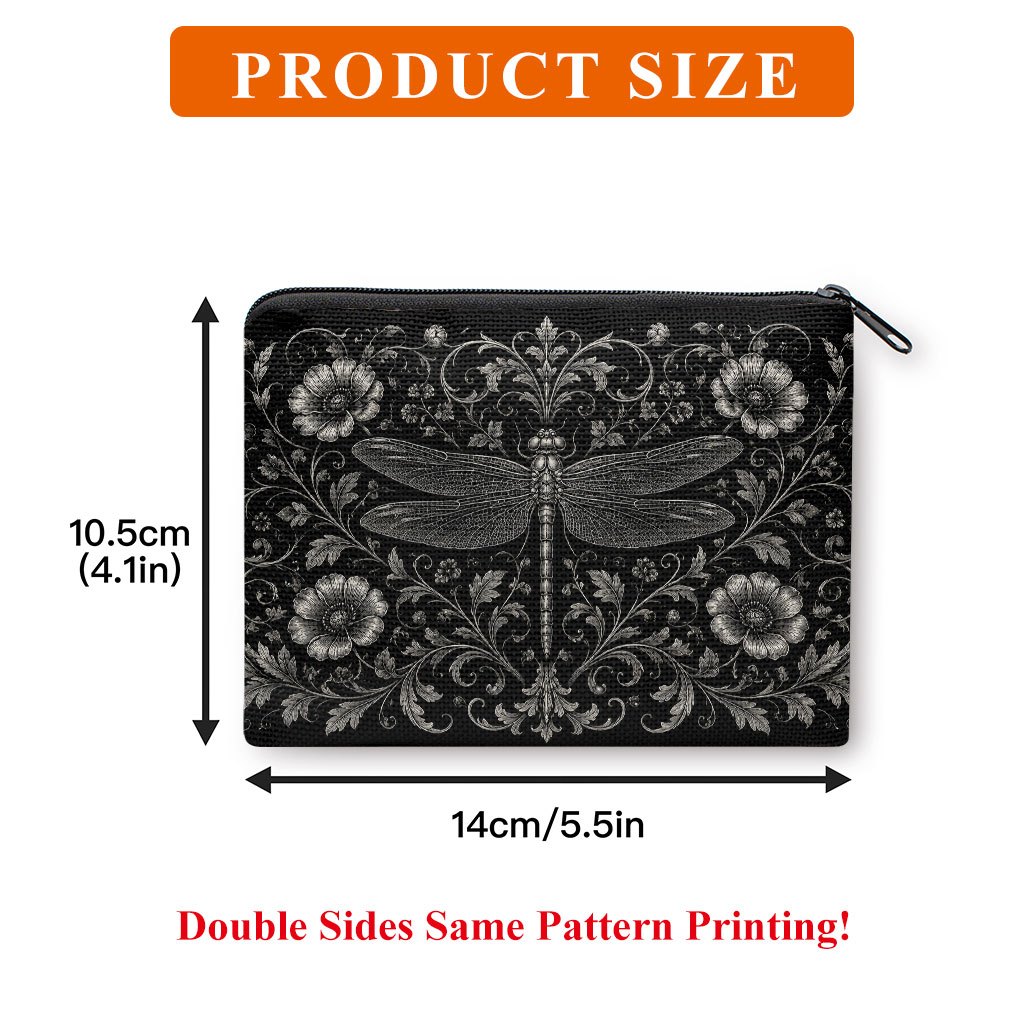TEMU Women' Mini Zipper Coin Purse Wallet - Dragonfly & Floral Print Double-sided Suitable For , Keys, Cards, Earphones Storage | Compact Makeup Bag