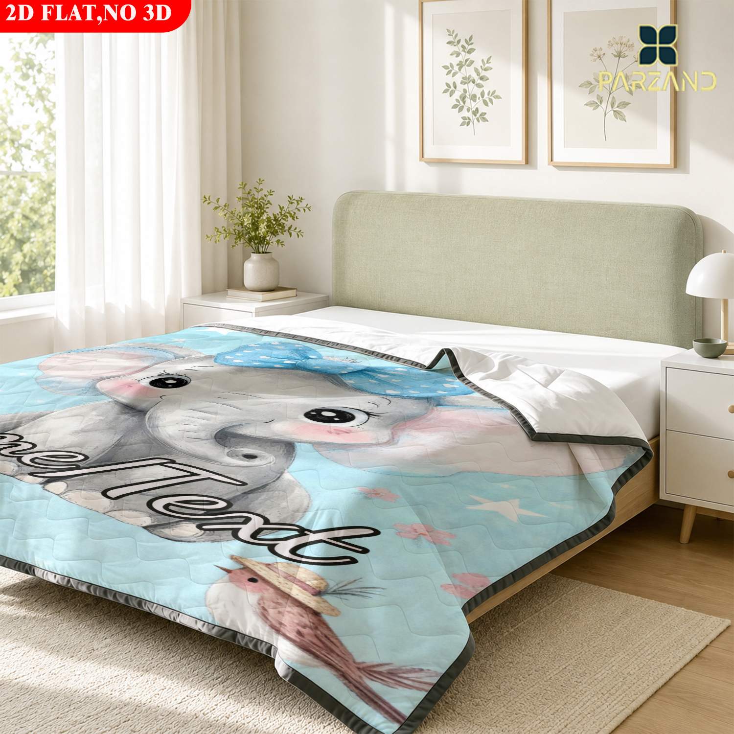 Custom Name Blue Bow Elephant Lightweight Summer Quilt