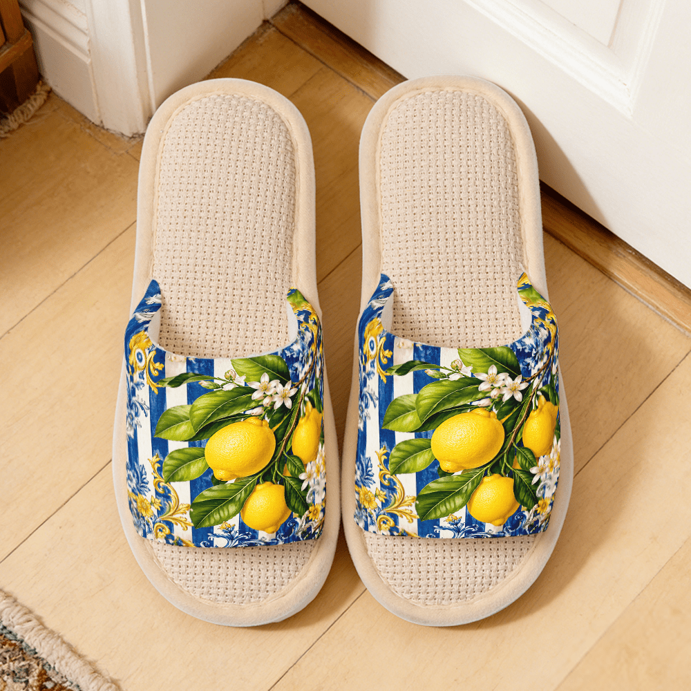 1 Pair Lemon Pattern 2d Flat Pattern Slippers, Trendy Soft Breathable Slippers, Comfortable Slippers Summer Slippers…: retailer-supplied image