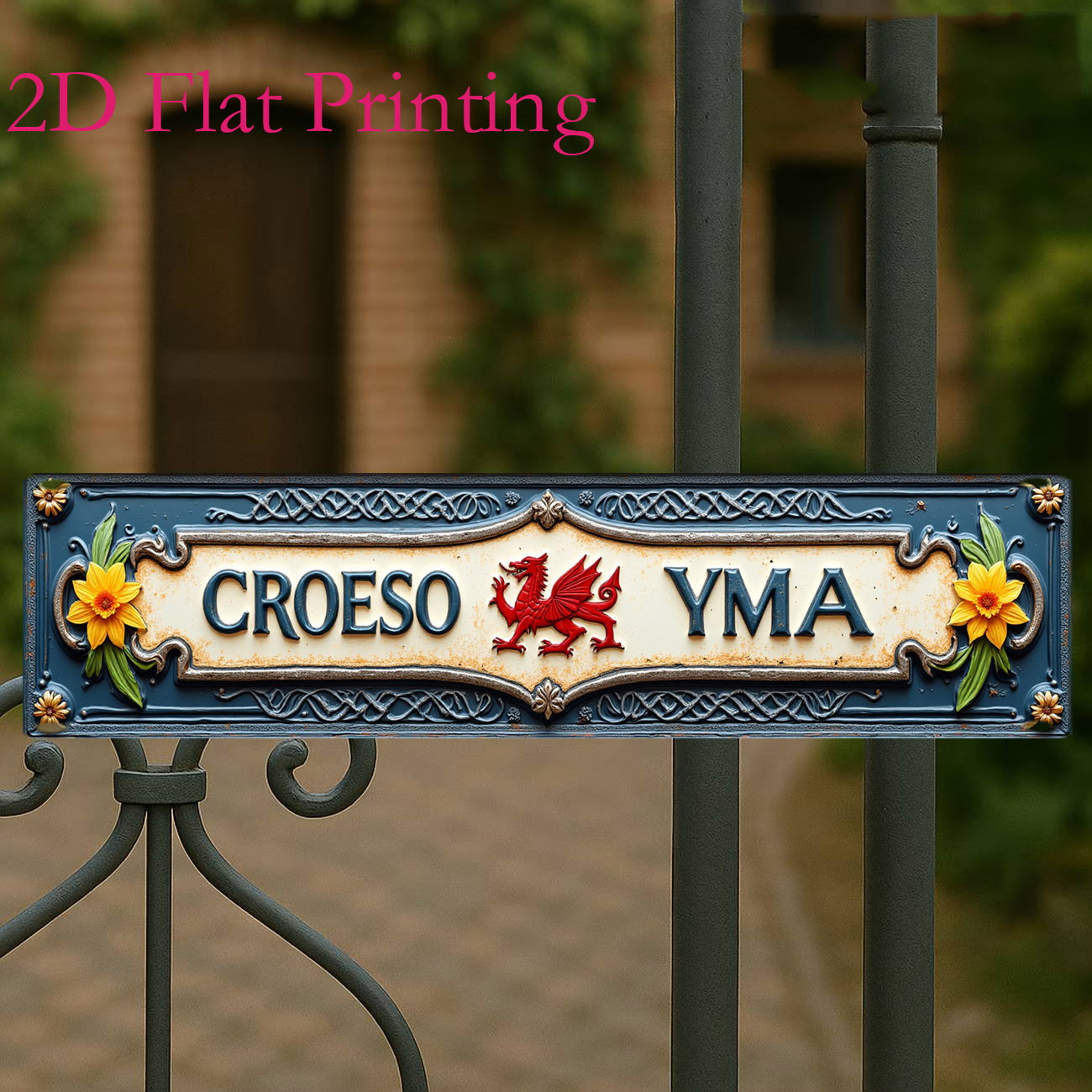 TEMU 2d Flat, 2d Flat - 4x16 Inch Vintage Metal Aluminium Sign, Welsh Croeso Yma Dragon Sign Floral Plaque Ideal For Garden Patio Front Door Outdoor