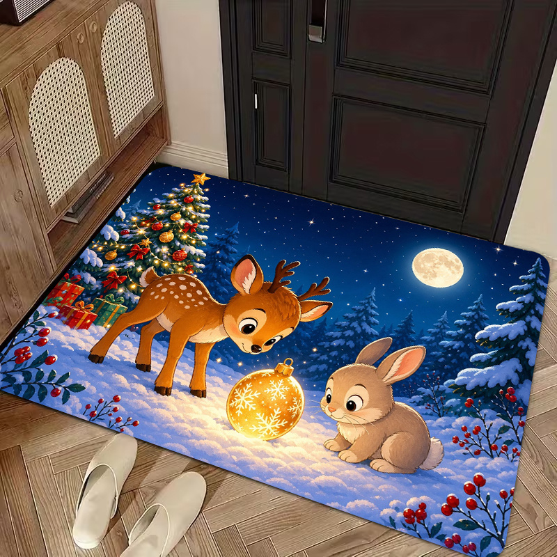 TEMU ., 2D Flachdruck, Weihnachts-Rein- und Hasen-Schneematte, Rutschfeste, maschinenwaschbare, leicht zu reinigende Polyester-Teppich, geeignet für