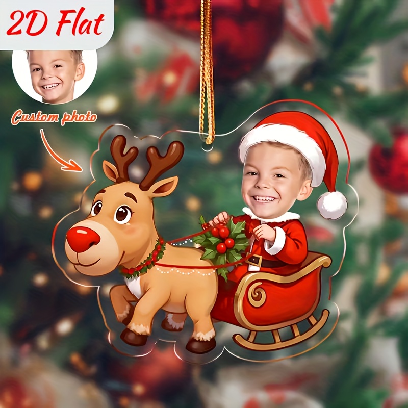 TEMU 2d Flat, 1pc Custom Acrylic Face Photo Car Pendant - Personalized Kids Santa Sleigh Ornament With Red And Green Christmas , Unique Christmas