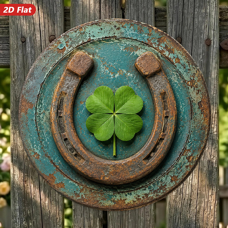 TEMU 2d Flat, 1pc Horseshoe Clover Round Metal Sign Wall Art, Rustic Charm, Home Decor, Green Clover, Vintage Metal, Ideal For , Weatherproof For