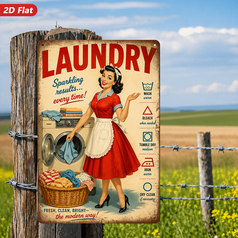 TEMU 2d Flat, 1pc Metal Sign Wall Art, Retro Style Laundry Themed Decorative Painting, Home Decor, Ideal For Laundry Room, Kitchen, Safe Rounded