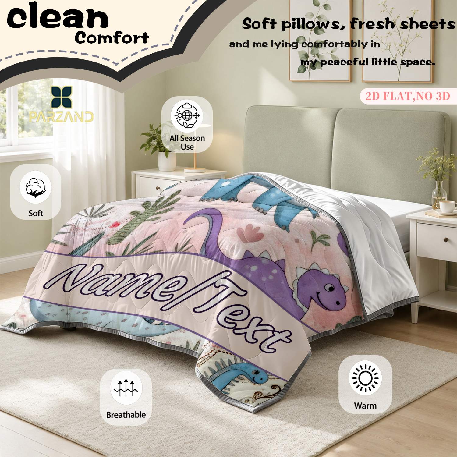 Custom Name Pastel Dinosaurs Skin-Friendly Summer Lightweight Quilt