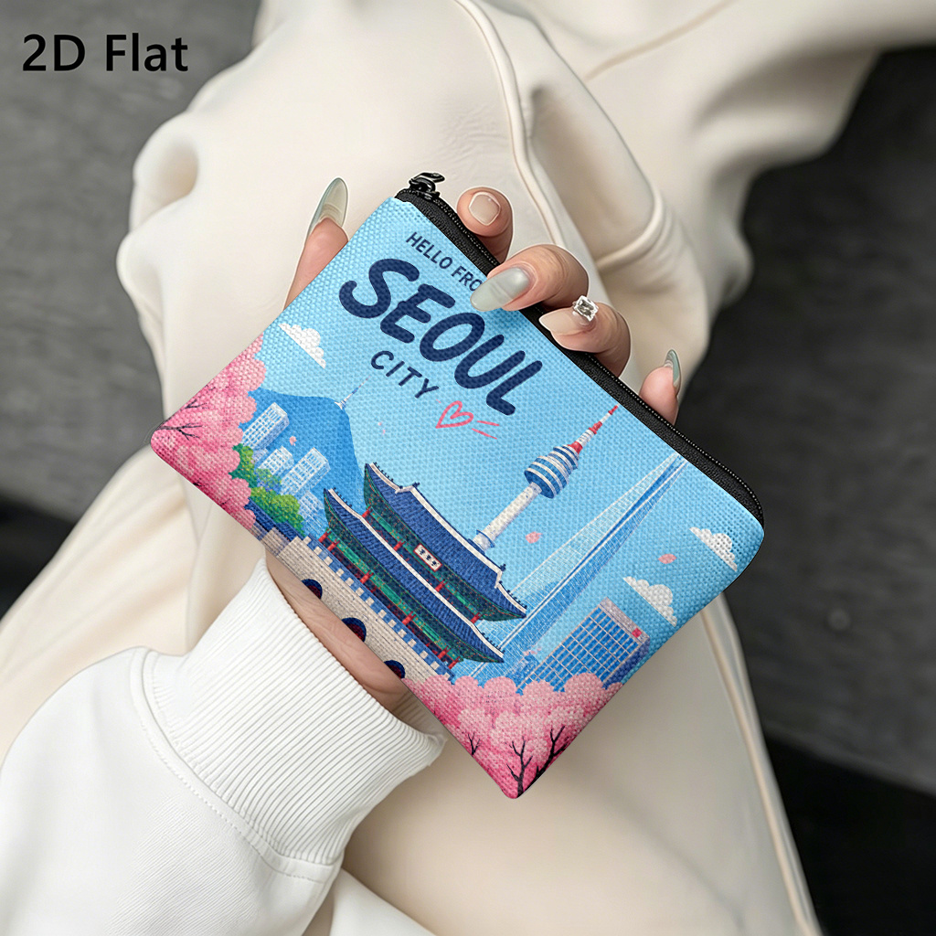 TEMU 1pc Korean Seoul Landmarks Mini Coin Purse Suitable For Women's Lipstick, Earphones & Keys - Pink Zipper Wallet, Compact Card Holder With