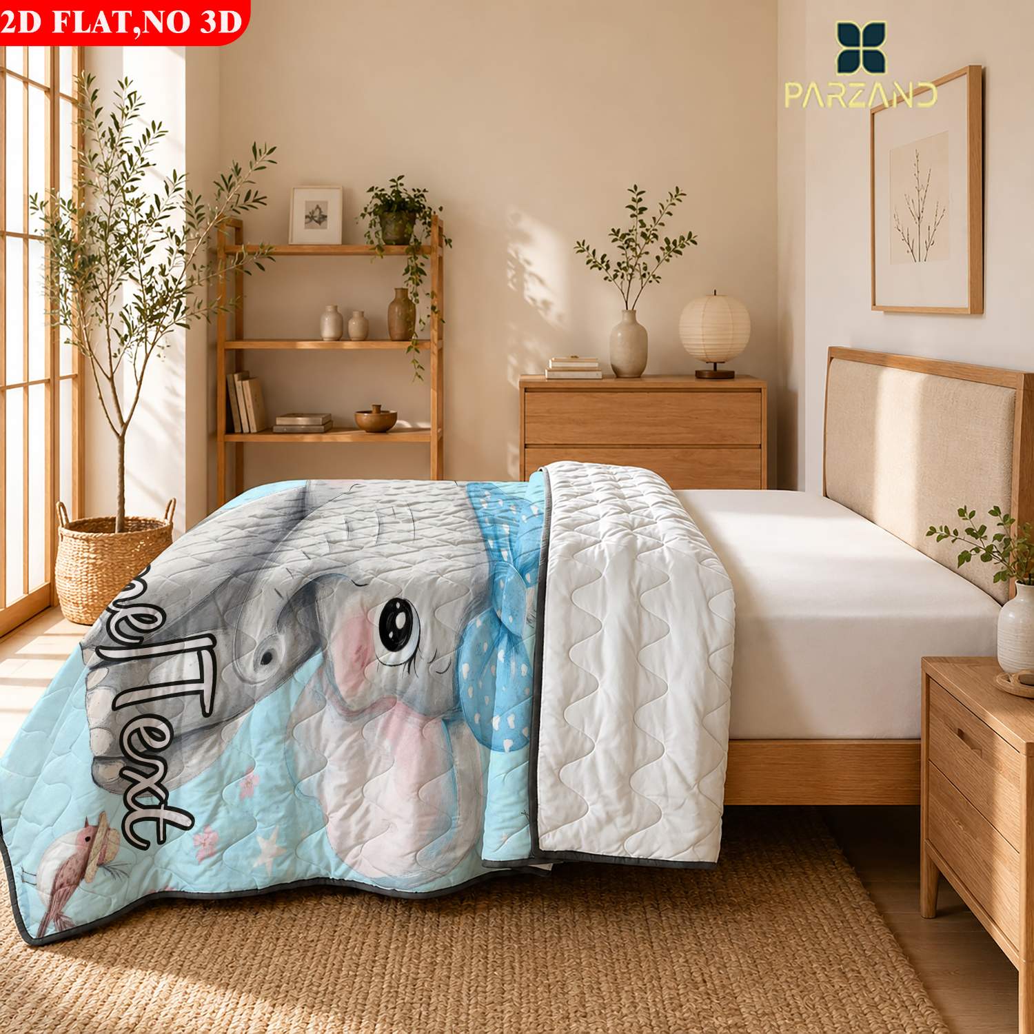 Custom Name Blue Bow Elephant Lightweight Summer Quilt