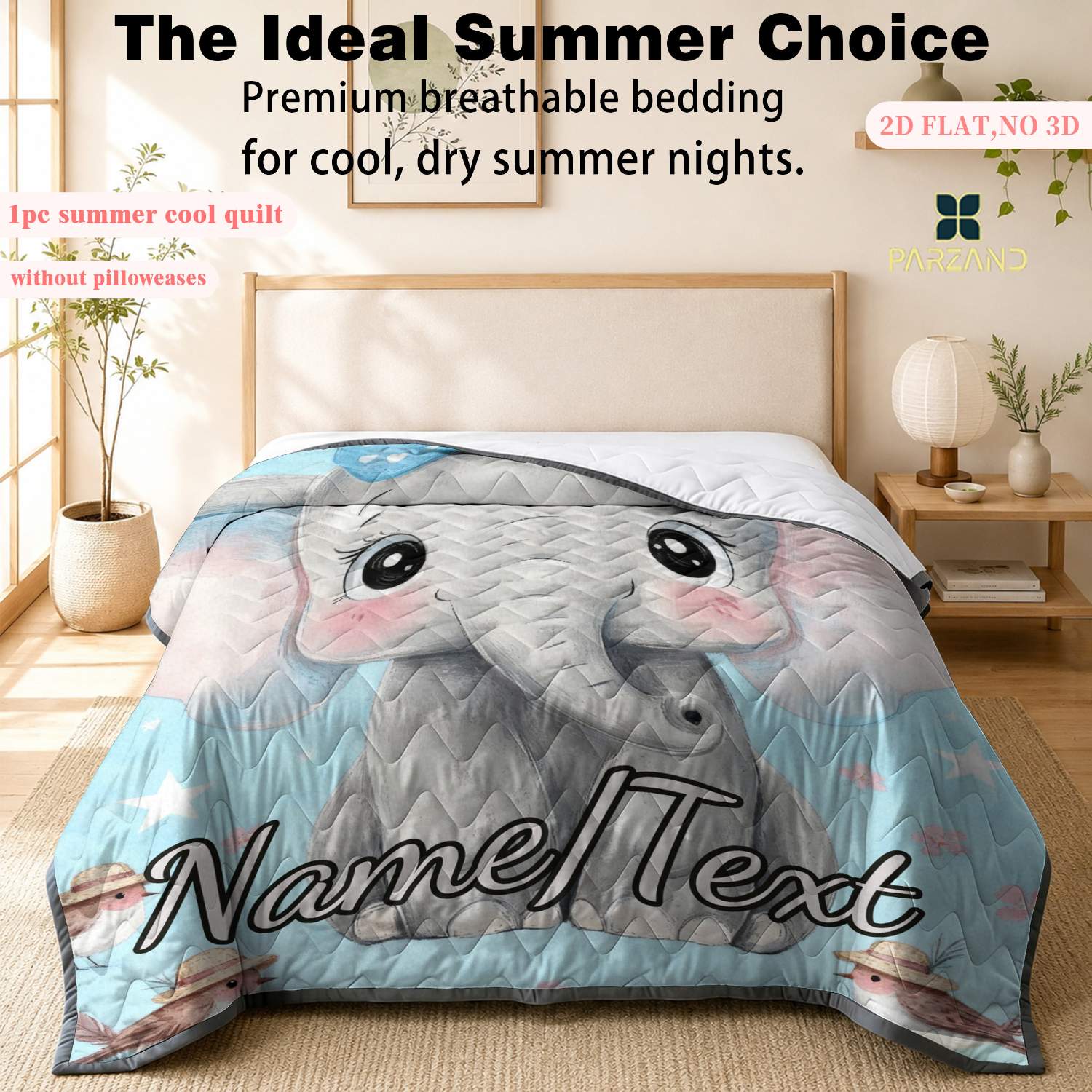 Custom Name Blue Bow Elephant Lightweight Summer Quilt