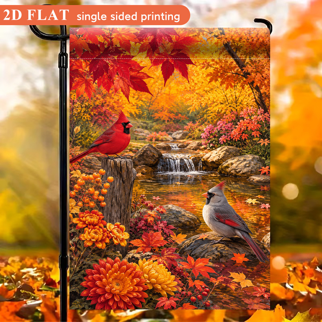 TEMU 2d Flat - 2d Flat Garden Flag 1pc, Fall Leaves And Birds, Polyester Material, Single-sided Printed Design, Ocean Theme, Summer Theme, Holiday