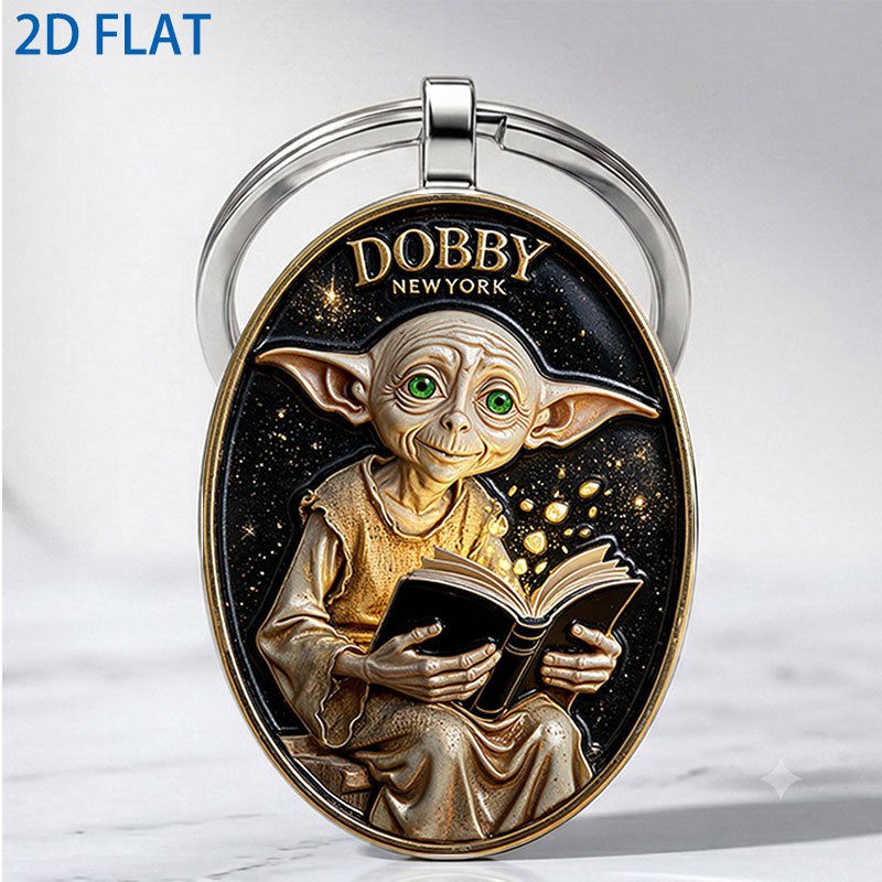 TEMU 1pc Official 2d Flat Keychain, Featuring An Embossed Dobby Character Holding A Book For Reading, With A Starry Background As Accent, Bag Charm