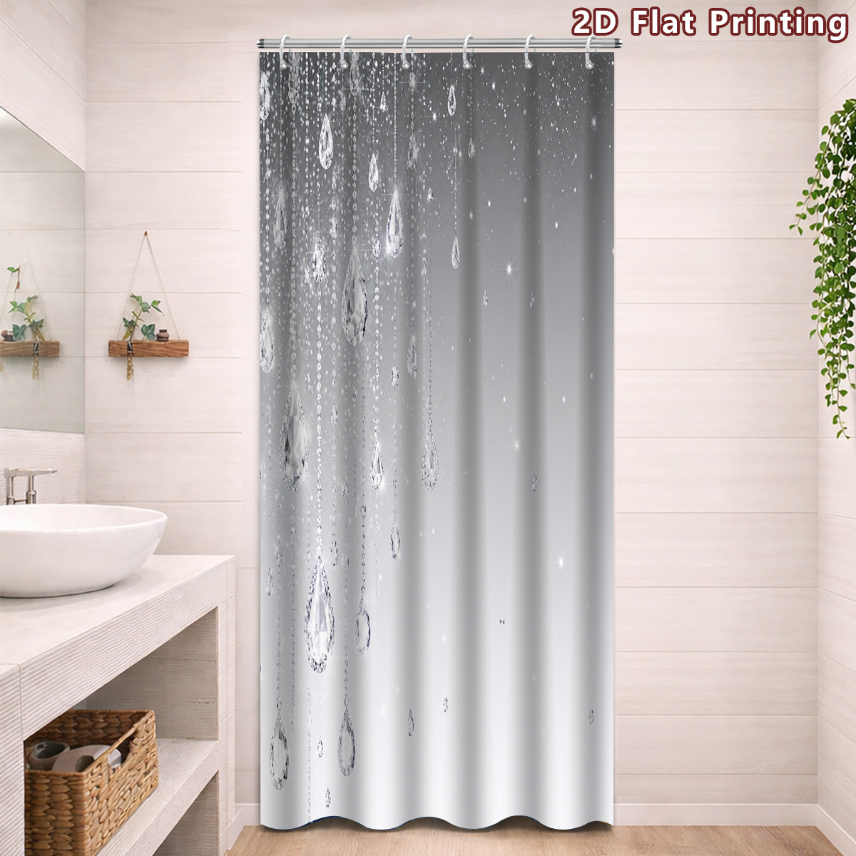 TEMU Rideau de douche plat 2D, 1 pièce, rideau de douche plat 2D argenté avec paillettes de cristal de goutte de , décoration de salle de bain,