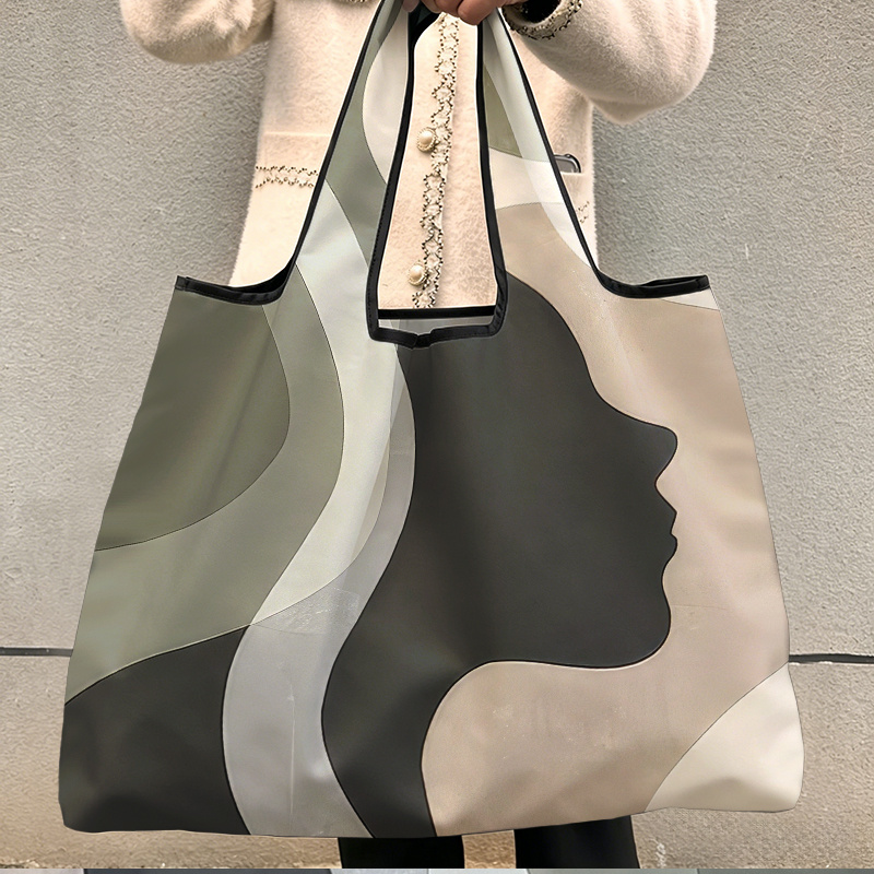 TEMU Foldable Reusable Shopping Bag 1pc, Abstract Painting Woman's Face Pattern, Large Portable Tote For Grocery