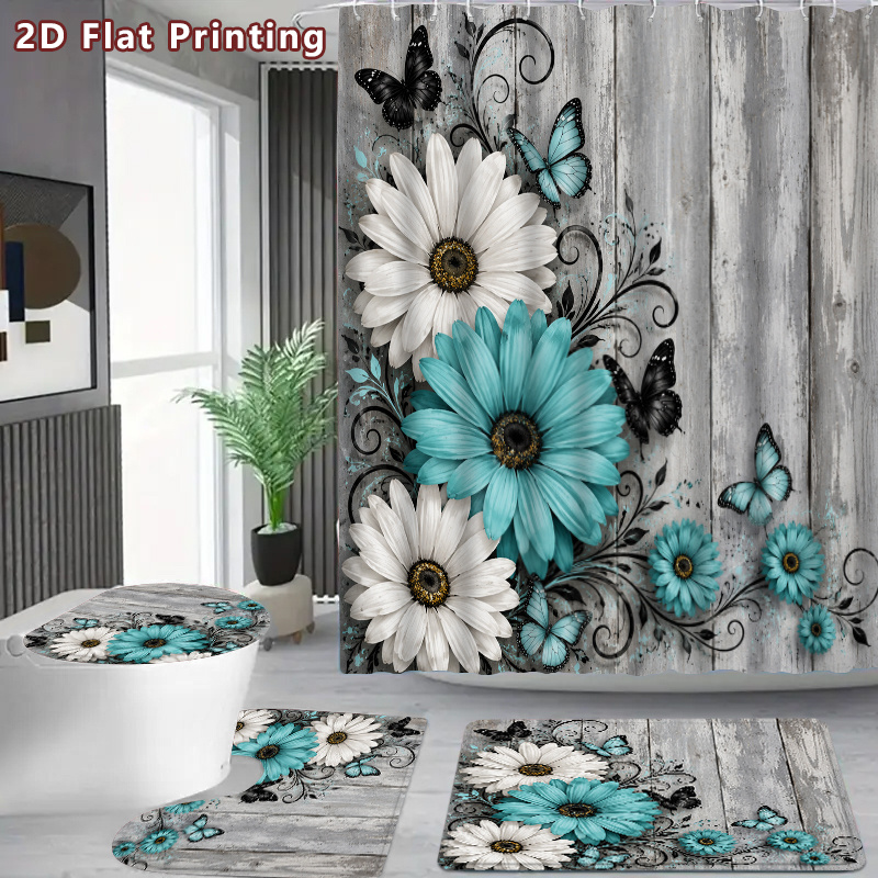 TEMU 2d Flat, 4pcs 2d Flat Teal Daisy Shower Curtain Set, Rustic Turquoise Floral Wood Plank Bathroom Decor, Additions With, U-shaped, Toilet Lid