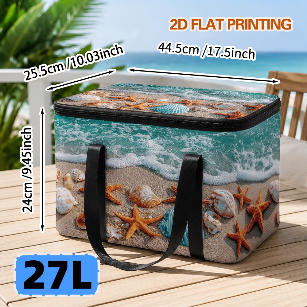 TEMU 2d Flat, 1pc 27l Insulated Lunch Bag, Beach Starfish And Seashells Pattern Cooler Bag, Lightweight For Outdoor Movement, Classic Handheld Style