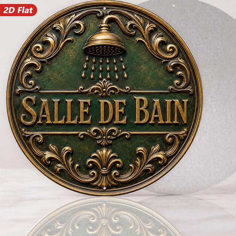 TEMU Panneau de salle de bain vintage plat 2D, 1 pièce, rond, en métal, art mural, Salle de Bain, lettrage doré vintage, motif de douche , décoration
