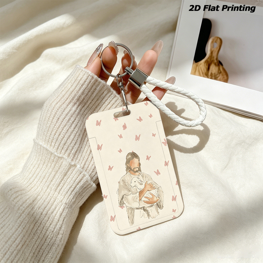 TEMU 2d Jesus Holding Lamb Id Sleeve With Sliding Card Protector & Clip - Suitable For Student, Nurse, Traveler Id Cards, Credit Debit Passes,