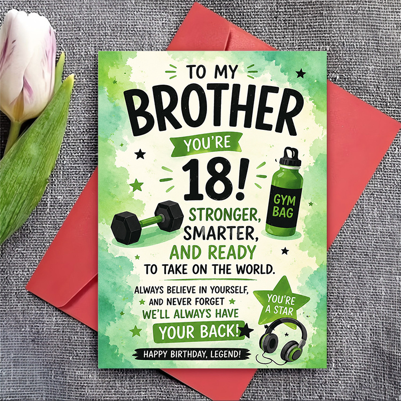 TEMU 1 Greeting Card + 1 Envelope. 2d Flat. A Fun Greeting Card Wishing My Brother A Happy 18th Birthday, With An Inspirational Message. A Milestone