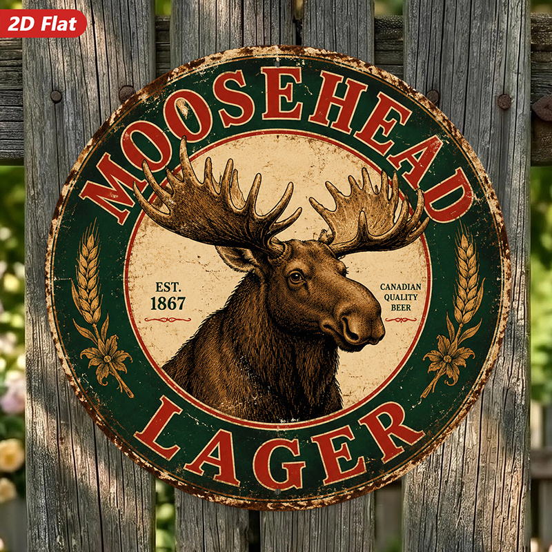 TEMU 2d Flat, 1pc Vintage Moose Lager Round Metal Sign Wall Art, " Lager" Quote, Home Decor, Suitable For Workspace Entryway, Moose Portrait, Rustic
