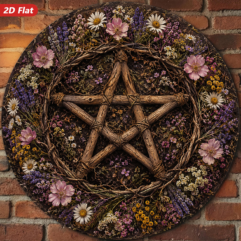 TEMU 2d Flat, 1pc Rustic Floral Pentacle Round Metal Sign Wall Art, Earthy Twig Symbol, Home Decor, Wildflowers And Lavender, Mystical , Ideal For