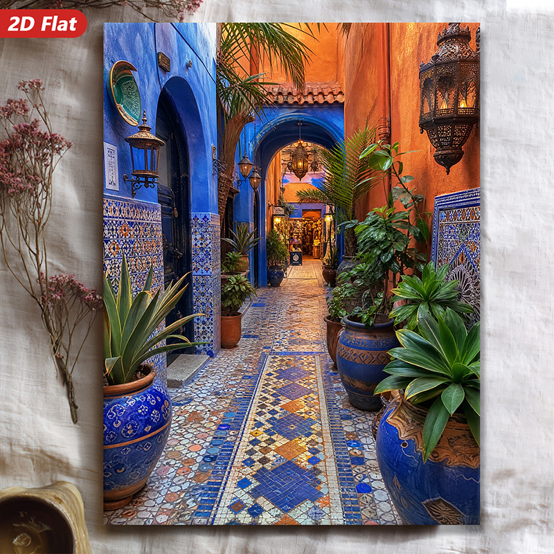 TEMU Affiche sur toile 2D à plat, 1 pièce, style marocain avec cadre en bois - Mur de portes cintrées carrelées bleues, panneau marocain vertical