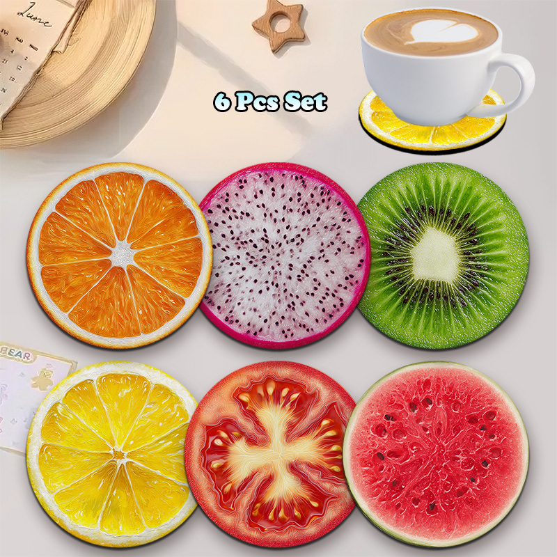 TEMU Set Of 6pcs Round Wooden Coasters, Fruit-themed Design With Bright Fruit Patterns, Flesh And Textured Skin, Home Decoration And Use In Cafes,