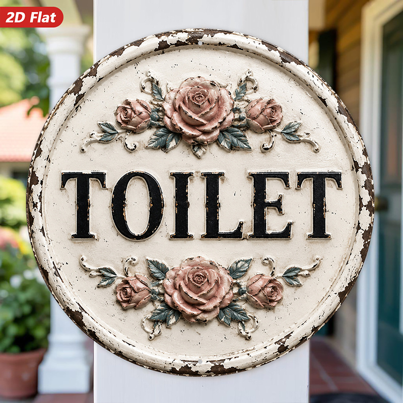 TEMU 2d Flat, 1pc Vintage Floral Round Metal Sign Wall Art, Toilet Text, Pink Rose Clusters, Distressed Round Plaque Look, Shabby Chic Style, Rustic