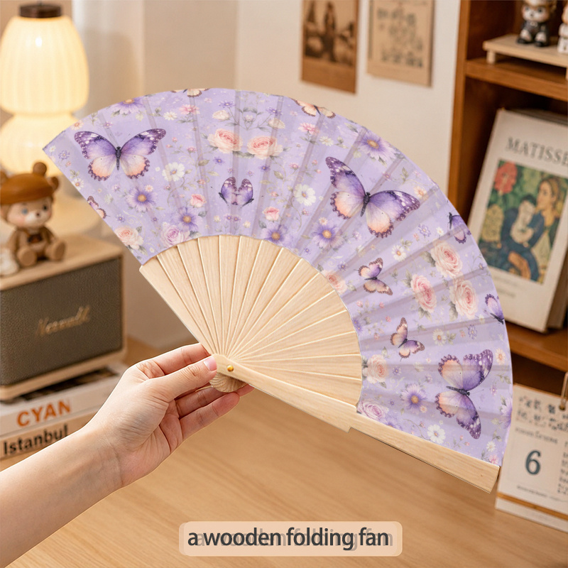TEMU Light Oxygen Portable Fan Dance Series, Light Purple Base With Purple Butterflies And Soft Pink Flowers, Fresh And Elegant, Portable Cooling,