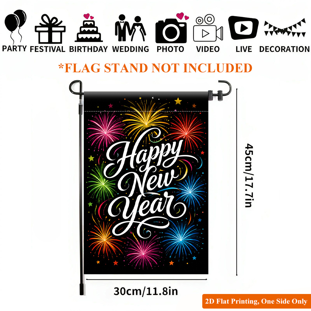 TEMU 2d Flat, 2d Flat Printing Garden Flag 1pc, Happy New Year Celebration Durable Single-sided Print Yard Flag, Garden & Home Holiday Decoration,