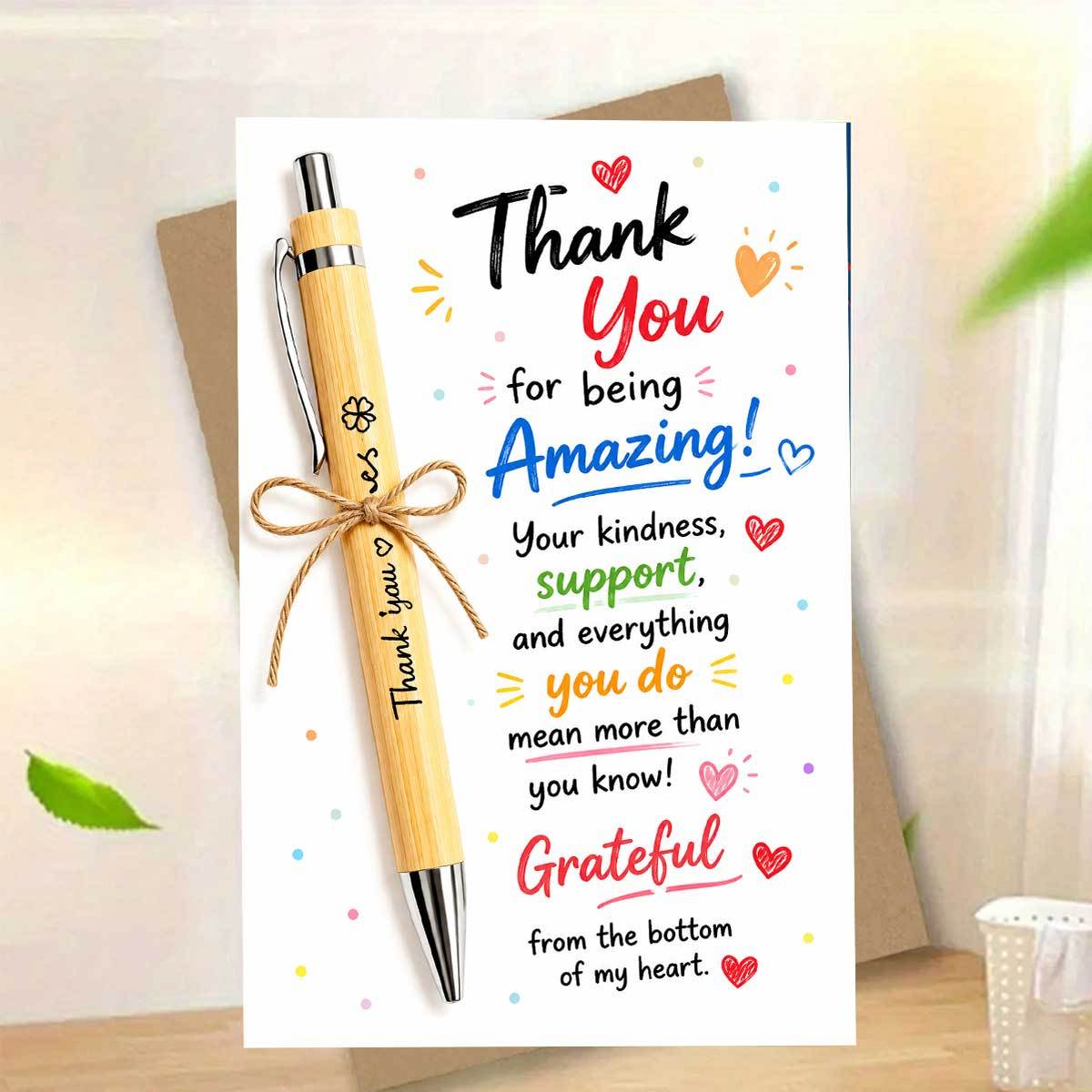 TEMU 1 Set (envelope And Card) Exquisite Thanksgiving Greeting Card, "thank You For Being Amazing, " Wooden Ballpoint Pen And Colorful Heart Pattern,