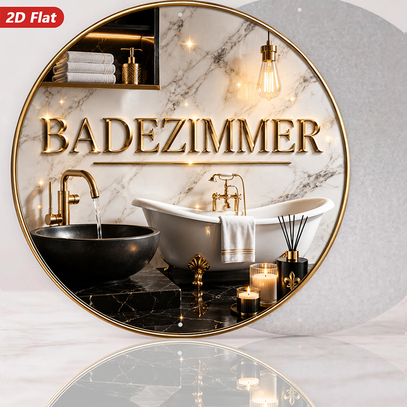 TEMU 2d Flat, 1pc Luxury Bathroom Round Metal Sign Wall Art, Badezimmer Quote, Marble Bath Interior, Golden Accent Details, Home Decor, Black And