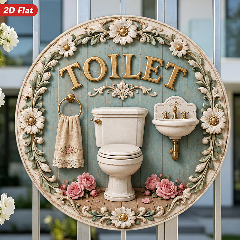 TEMU Plaque en bois plate 2D, décoration de salle de bain florale vintage, plaque en bois ronde avec motif de rose et de marguerite pour lavabo et