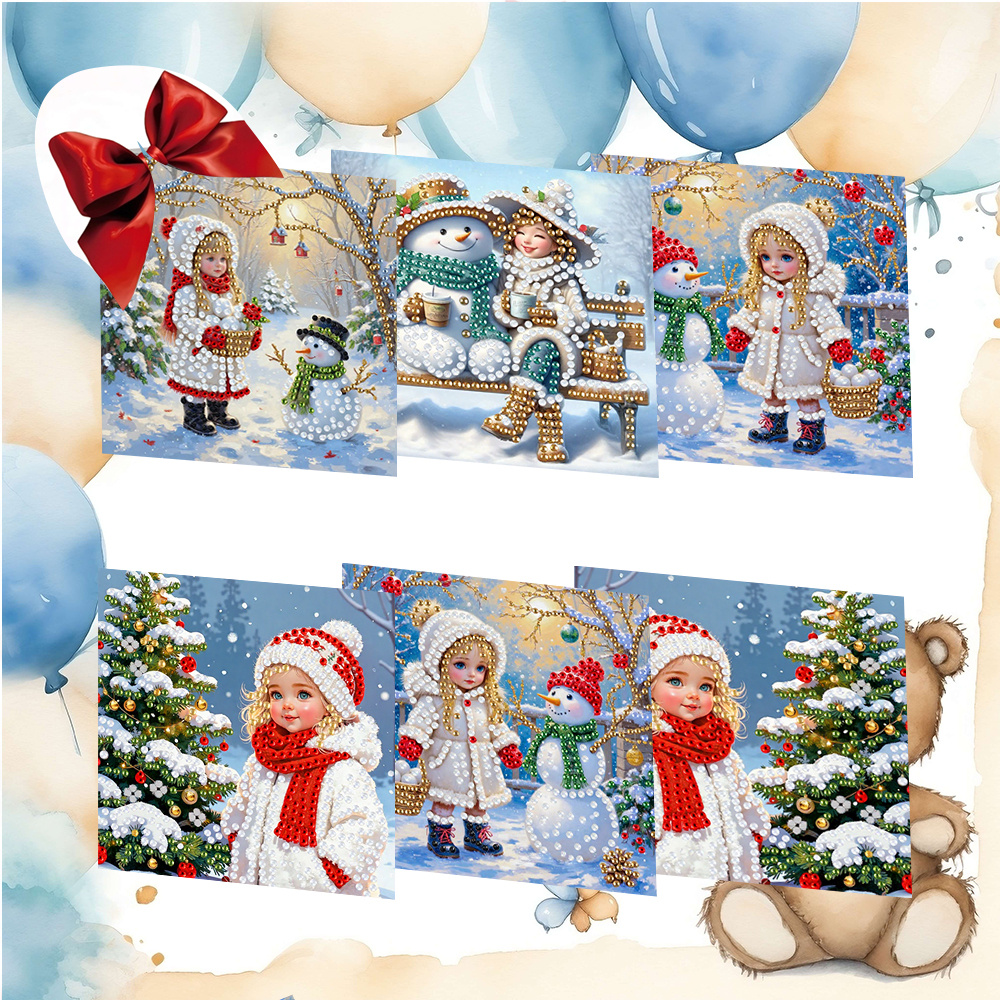 TEMU 6pcs Set 15.0 X 30.0 Cm / 5.9 X Inches Diamond Painting Christmas Snow Scene Character Snowman Design Greeting Card Invitation, Colorful Floral