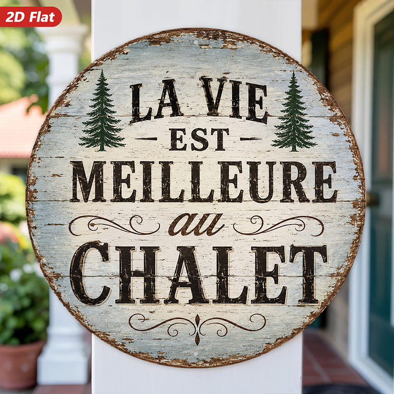 TEMU 2d Flat, 1pc Round Metal Sign Wall Art, Rustic Home Decor, French Inspired Sign, Pine Trees, Vintage Style, For Living Room, Bedroom, Kitchen,