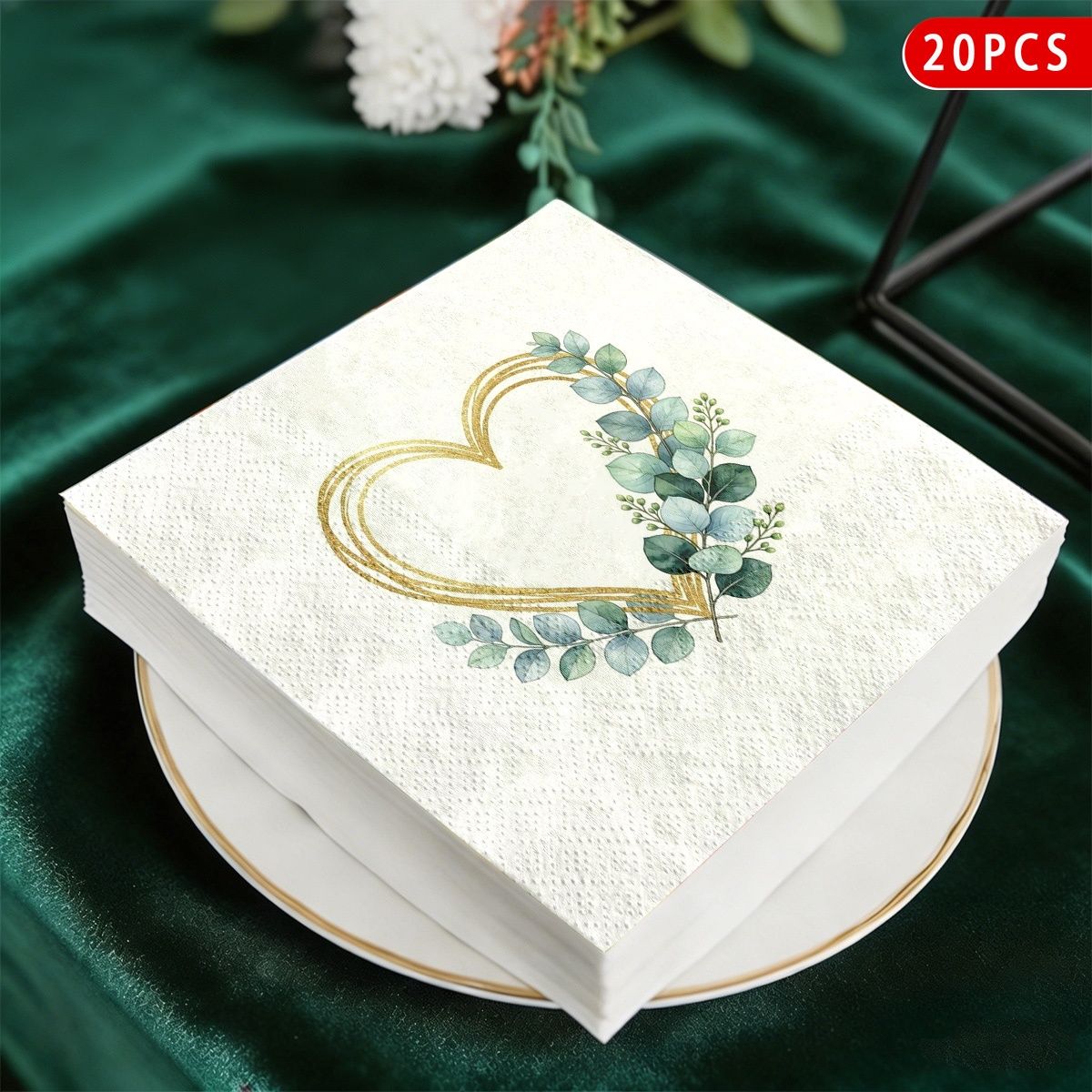 TEMU 20pcs Watercolor Eucalyptus Wreath Napkins, Perfect For Weddings, Birthdays, And Anniversaries, Suitable For Formal Occasions, Garden Parties,