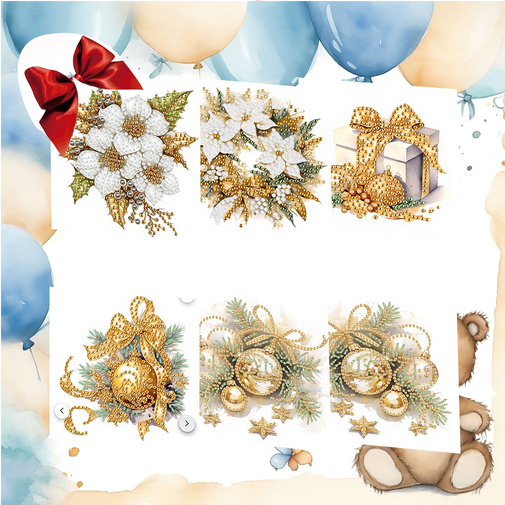 TEMU 6pcs Set 15.0x30.0 Cm/5.9x11.81 Inches Diamond Painting Golden Christmas Ball Greeting Cards And Invitations, Colorful Floral Painting Pages For