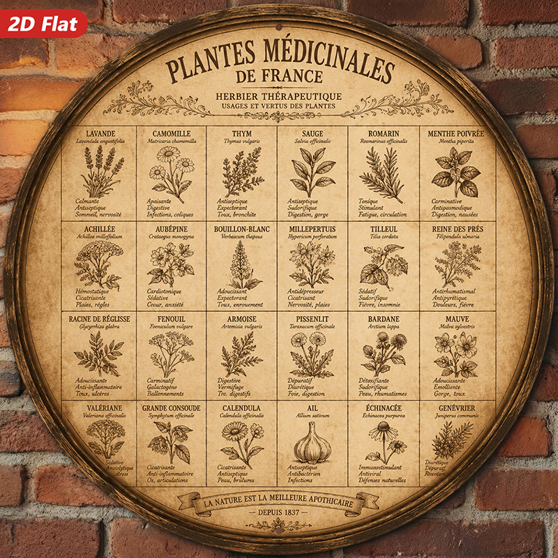 TEMU plat 2D, 1 pièce, des plantes médicinales , panneau rond en métal, art mural, "Plantes médicinales ", illustrations vintage, vintage, décoration