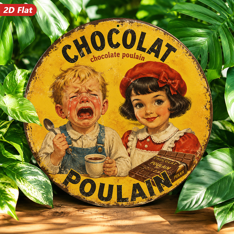 TEMU Plaque métallique ronde plate 2D, 1 pièce, art mural vintage sur le thème , Chocolat Poulain, portrait rétro, pour espace de travail, salon,