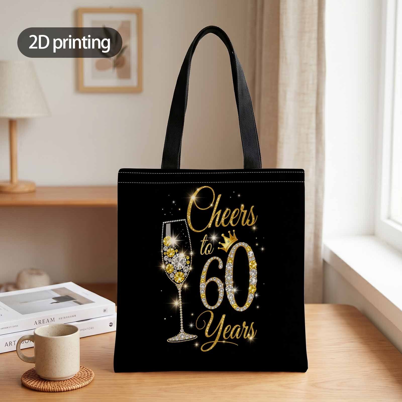 TEMU 2d Flat Printing Handbag, Elegant 60th Birthday Celebration Design For Women's Gift, Perfect For Parties And Anniversary Events, 2d Flat