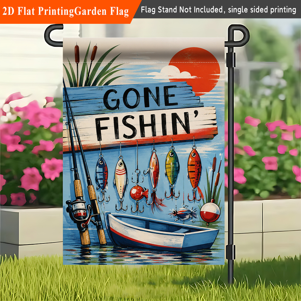 TEMU 2d Flat - 2d Flat 1pc, Fishing Gear Boat Sunset, Single-sided Printed Flag, Porch Decoration, Suitable For Garden And Yard Decoration, Autumn