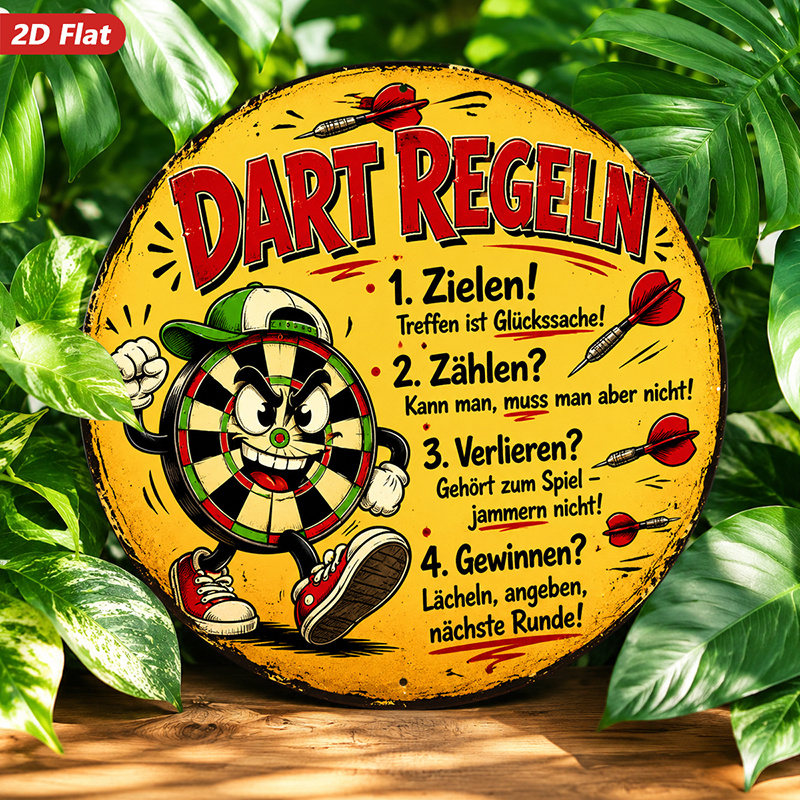 TEMU 2d Flat, 1pc Round Metal Sign Wall Art, Dart Rules Wall Art, Cartoon Dartboard Character, German Text, Retro Style, Home Decor, For Game Room,