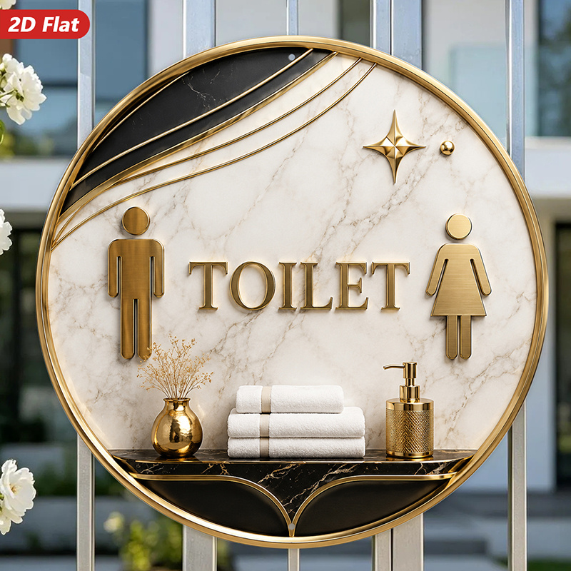 TEMU 2d Flat, 1pc Sign Round Metal Sign Wall Art, Golden Toilet Text, Texture, Male And Female Icons, Home Decor, Ideal For Bathroom Hallway, Boho