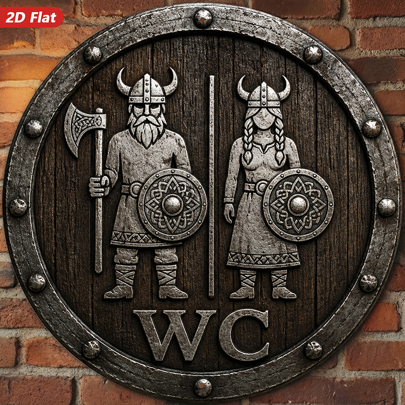 TEMU 2d Flat, 1pc Norse Viking Wc Round Metal Sign Wall Art, Wc Symbol, Viking Couple Figures, Horned Helmets , Wood Grain Effect, Home Decor, Ideal
