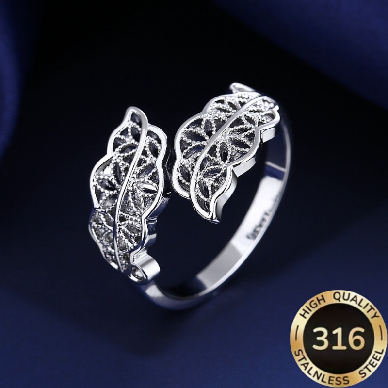 TEMU 1pc High-quality Adjustable Open Steel Hypoallergenic Light Luxury Leaf Outline Ring With Lace Design For Women, Suitable For Daily Wear And