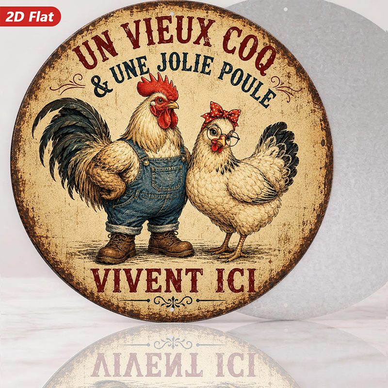 TEMU Plaque Métallique Ronde 2D, 1pc, Art Mural, Style Ferme Rustique, Coq et Poule, Français "Un Coq Et Une Jolie Poule Ici", Décoration Intérieure,