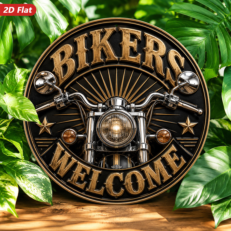 TEMU 2d Flat, 1pc Round Metal Sign Wall Art, , Biker Theme, Star Motif, Welcome Text, Home Decor, For Garage, Man Cave, Living Room, Weatherproof For